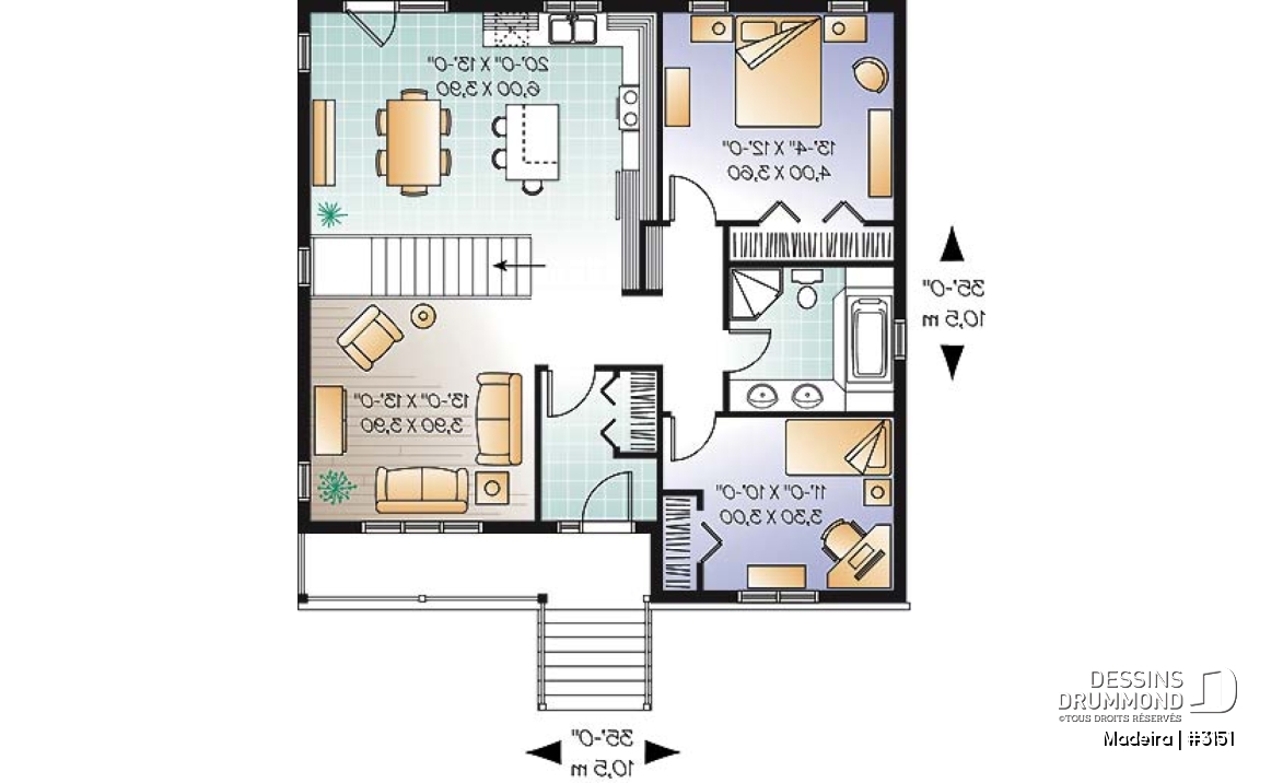 Rez-de-chaussée - Plan de plain-pied 5 chambres (3 aménagées au sous-sol), 2 salons, cuisine avec îlot, vestibule, rangement - Madeira