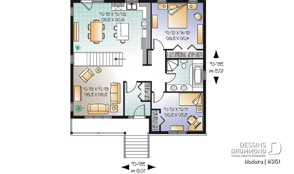 Rez-de-chaussée - Plan de plain-pied 5 chambres (3 aménagées au sous-sol), 2 salons, cuisine avec îlot, vestibule, rangement - Madeira