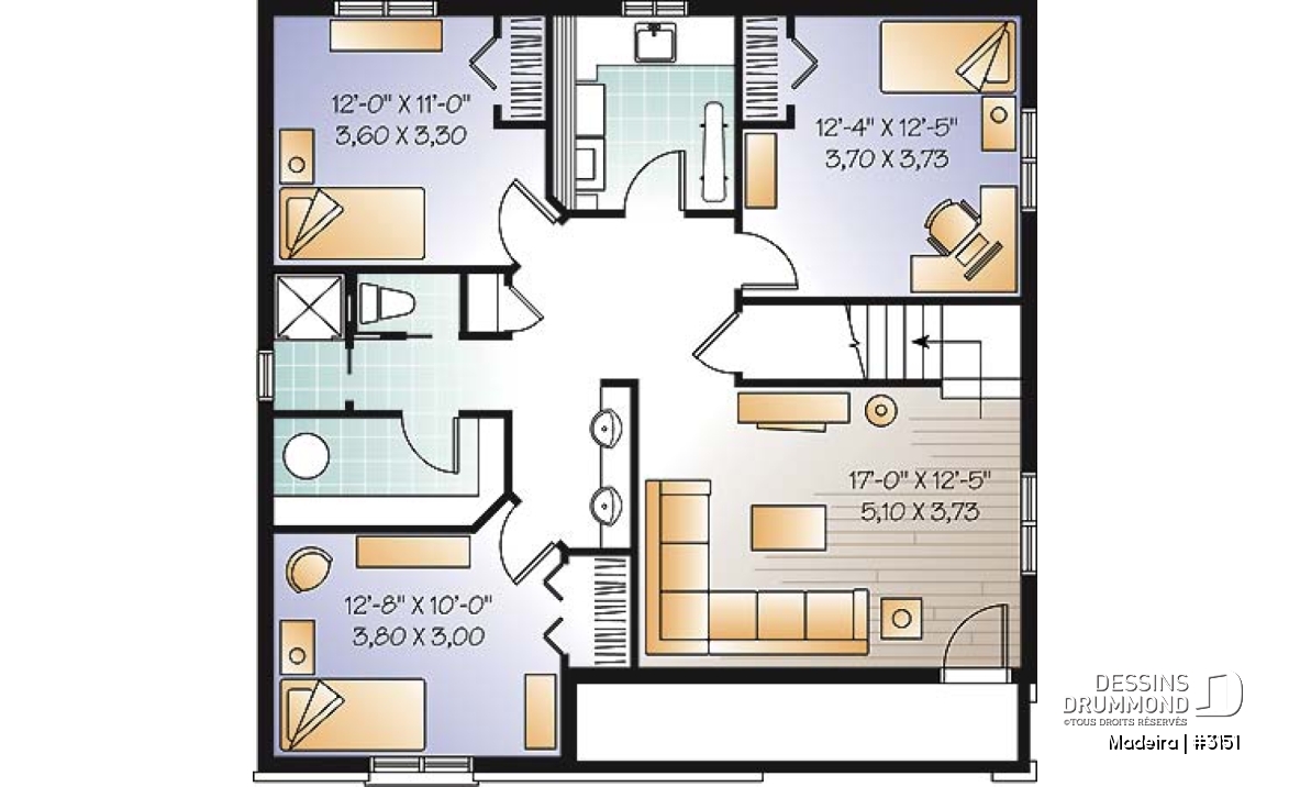 Sous-sol - Plan de plain-pied 5 chambres (3 aménagées au sous-sol), 2 salons, cuisine avec îlot, vestibule, rangement - Madeira