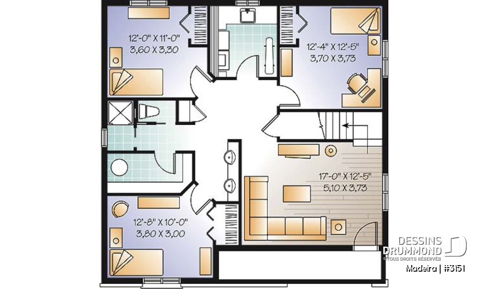 Sous-sol - Plan de plain-pied 5 chambres (3 aménagées au sous-sol), 2 salons, cuisine avec îlot, vestibule, rangement - Madeira
