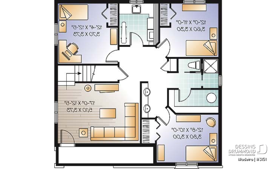 Sous-sol - Plan de plain-pied 5 chambres (3 aménagées au sous-sol), 2 salons, cuisine avec îlot, vestibule, rangement - Madeira