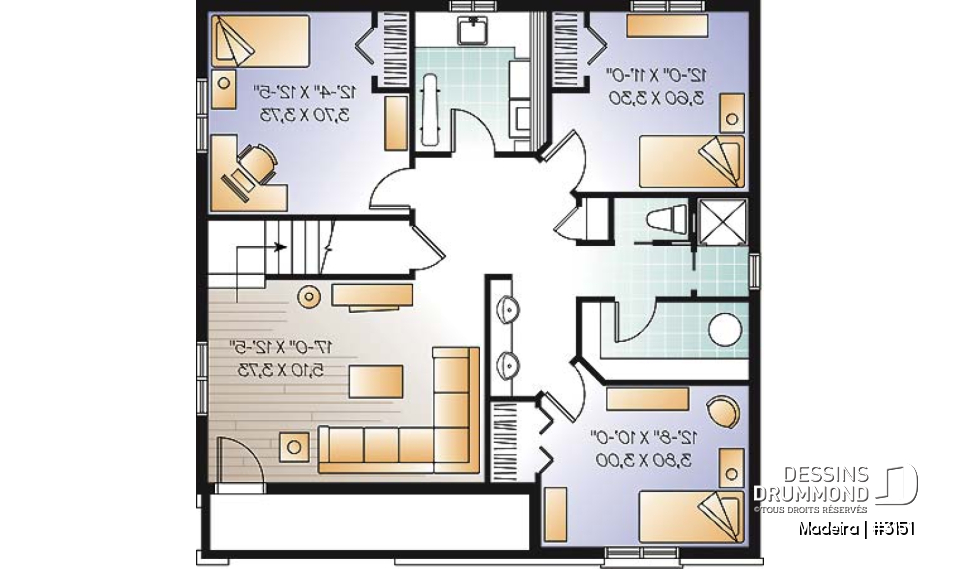 Sous-sol - Plan de plain-pied 5 chambres (3 aménagées au sous-sol), 2 salons, cuisine avec îlot, vestibule, rangement - Madeira