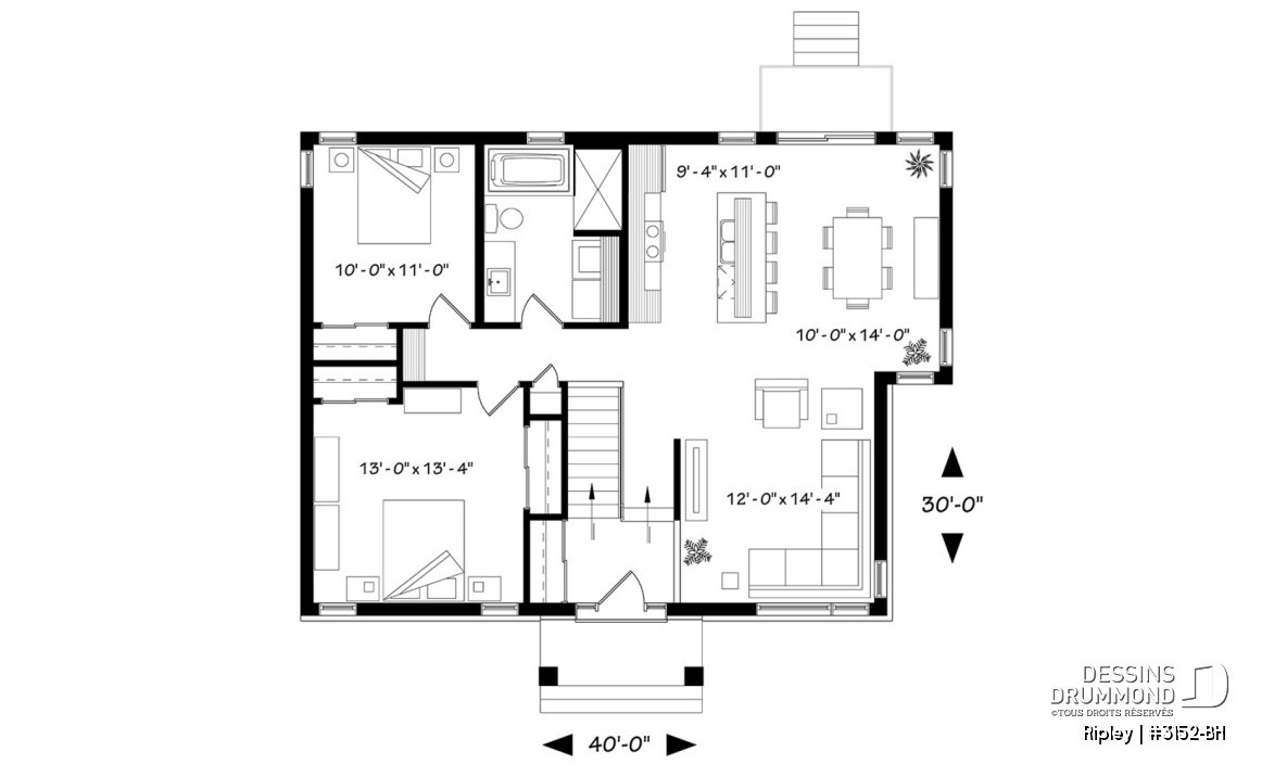 Rez-de-chaussée - Plan de maison à entrée split, 2 chambres, style chaleureux rustique, grand îlot à la cuisine, luminosité - Ripley