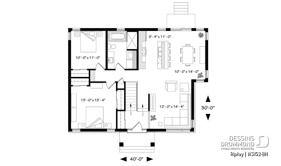 Rez-de-chaussée - Plan de maison à entrée split, 2 chambres, style chaleureux rustique, grand îlot à la cuisine, luminosité - Ripley