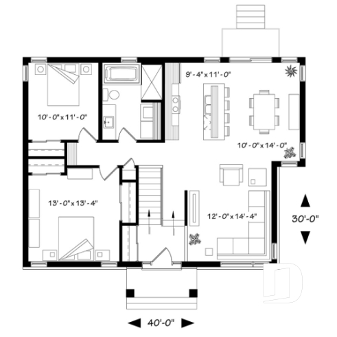 Rez-de-chaussée - Plan de maison à entrée split, 2 chambres, style chaleureux rustique, grand îlot à la cuisine, luminosité - Ripley