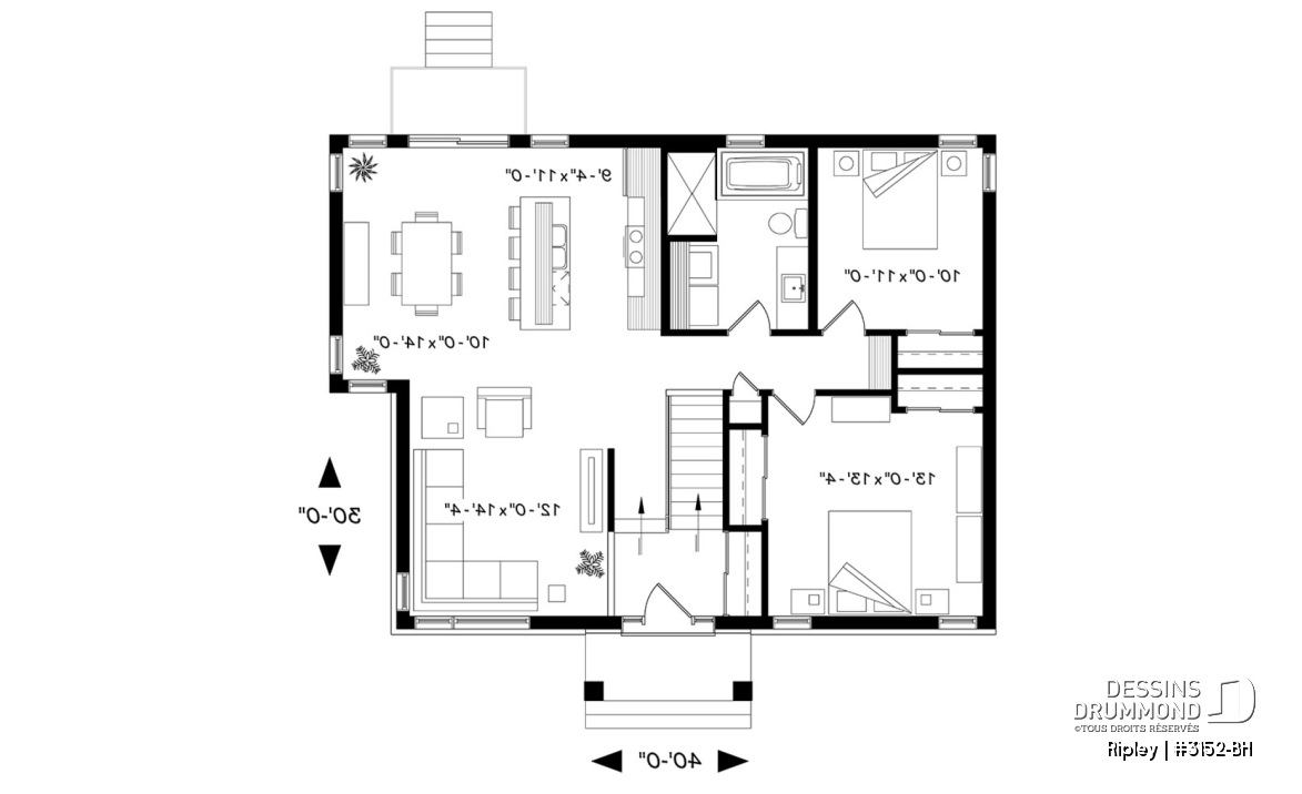 Rez-de-chaussée - Plan de maison à entrée split, 2 chambres, style chaleureux rustique, grand îlot à la cuisine, luminosité - Ripley