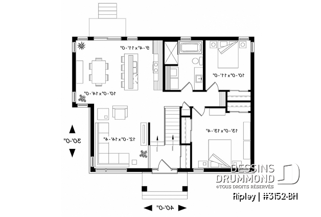 Rez-de-chaussée - Plan de maison à entrée split, 2 chambres, style chaleureux rustique, grand îlot à la cuisine, luminosité - Ripley