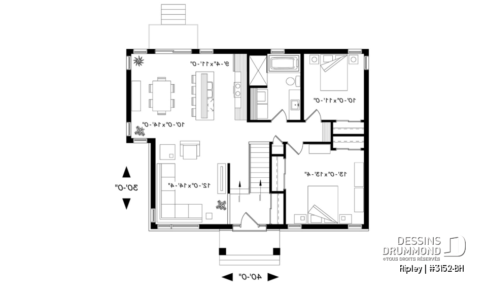 Rez-de-chaussée - Plan de maison à entrée split, 2 chambres, style chaleureux rustique, grand îlot à la cuisine, luminosité - Ripley