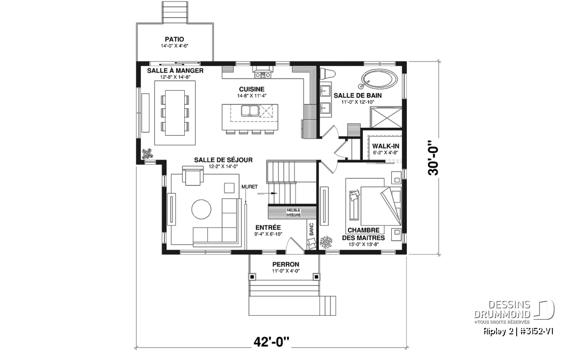 Rez-de-chaussée - Plan de maison de plain-pied avec sous-sol aménagé optionnel ($), 1 à 4 chambres, superbe chambre des parents - Ripley 2