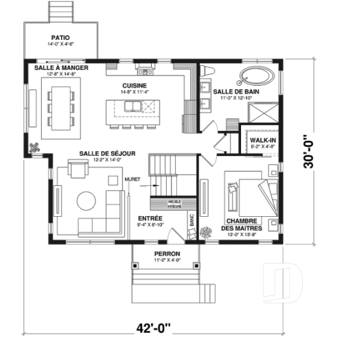 Rez-de-chaussée - Plan de maison de plain-pied avec sous-sol aménagé optionnel ($), 1 à 4 chambres, superbe chambre des parents - Ripley 2