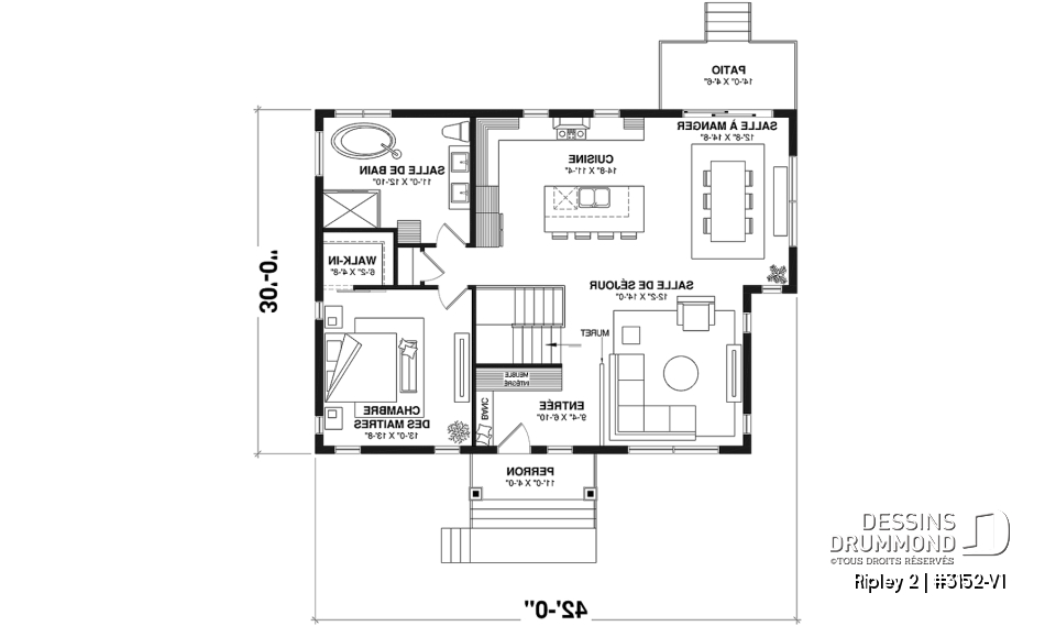 Rez-de-chaussée - Plan de maison de plain-pied avec sous-sol aménagé optionnel ($), 1 à 4 chambres, superbe chambre des parents - Ripley 2