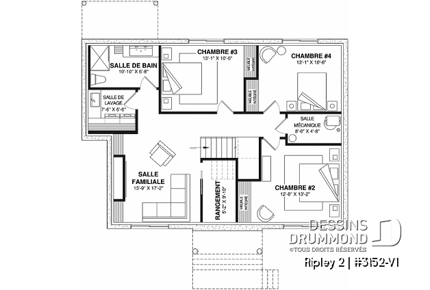 Sous-sol - Plan de plain-pied proposant 4 chambres, et 2 salons, ainsi qu'une grande salle de bain pour les parents - Ripley 2