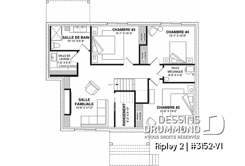 Sous-sol aménagé - Plan de maison de plain-pied avec sous-sol aménagé optionnel ($), 1 à 4 chambres, superbe chambre des parents - Ripley 2