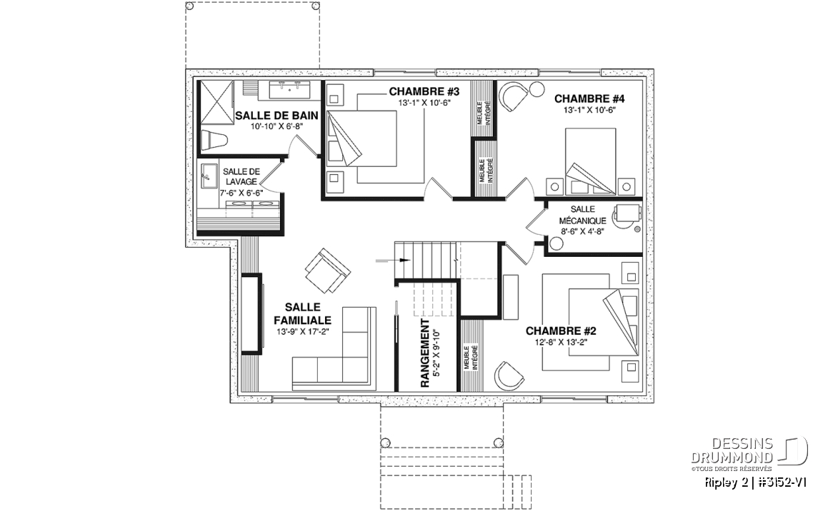 Sous-sol aménagé (Optionel $) - Plan de maison de plain-pied avec sous-sol aménagé optionnel ($), 1 à 4 chambres, superbe chambre des parents - Ripley 2