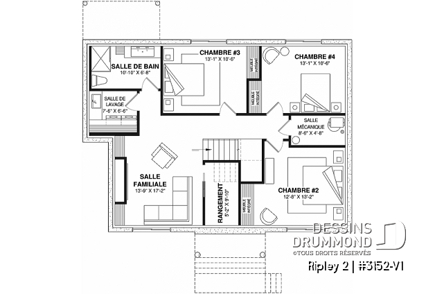 Sous-sol aménagé (Optionel $) du plan de maison unifamiliale 3152-V1 Sous-sol aménagé (Optionel $) - Plan de maison de plain-pied avec sous-sol aménagé optionnel ($), 1 à 4 chambres, superbe chambre des parents - Ripley 2