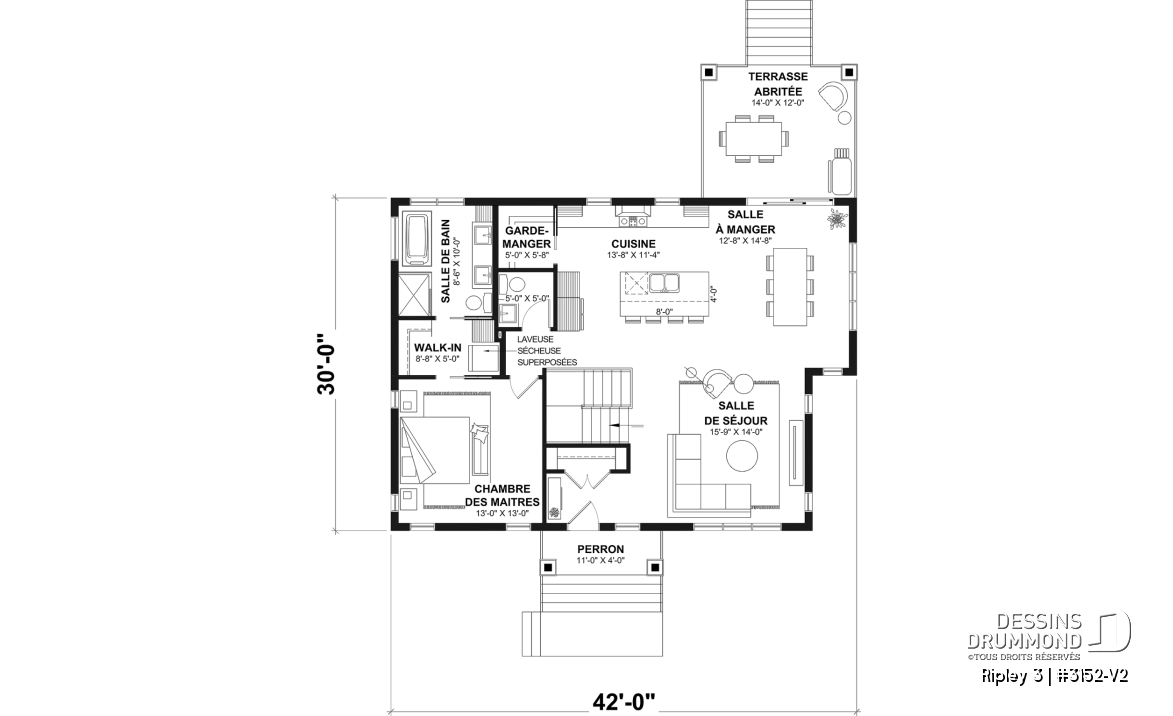 Rez-de-chaussée - Plan de maison plain-pied Farmhouse, chambre parents au rez-de-chaussée, s-sol aménagé optionnel ($) - Ripley 3
