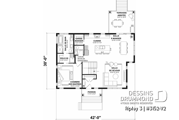 Rez-de-chaussée du plan de maison unifamiliale 3152-V2 Rez-de-chaussée - Plan de maison plain-pied Farmhouse, chambre parents au rez-de-chaussée, s-sol aménagé optionnel ($) - Ripley 3