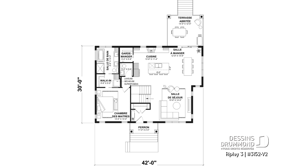 Rez-de-chaussée - Plan de maison plain-pied Farmhouse, chambre parents au rez-de-chaussée, s-sol aménagé optionnel ($) - Ripley 3