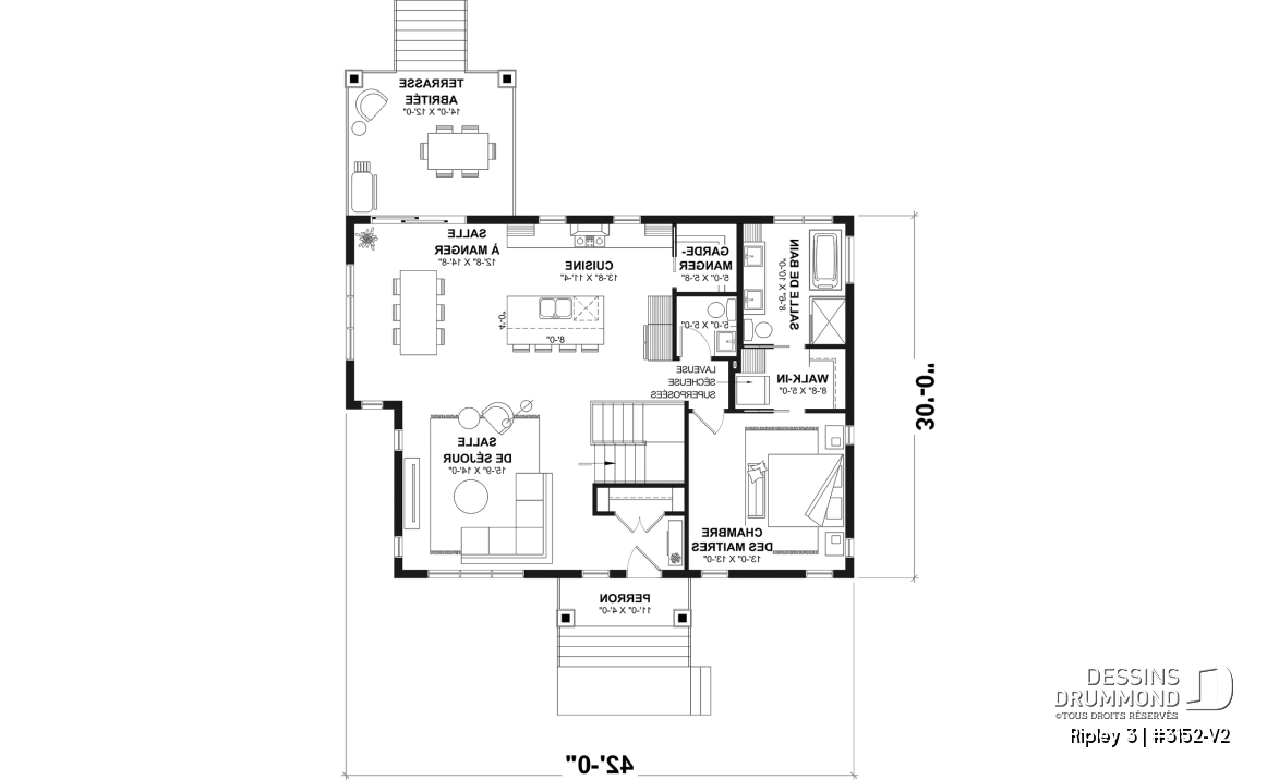 Rez-de-chaussée - Plan de maison plain-pied Farmhouse, chambre parents au rez-de-chaussée, s-sol aménagé optionnel ($) - Ripley 3