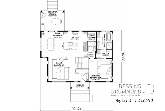 Rez-de-chaussée - Plan de maison plain-pied Farmhouse, chambre parents au rez-de-chaussée, s-sol aménagé optionnel ($) - Ripley 3