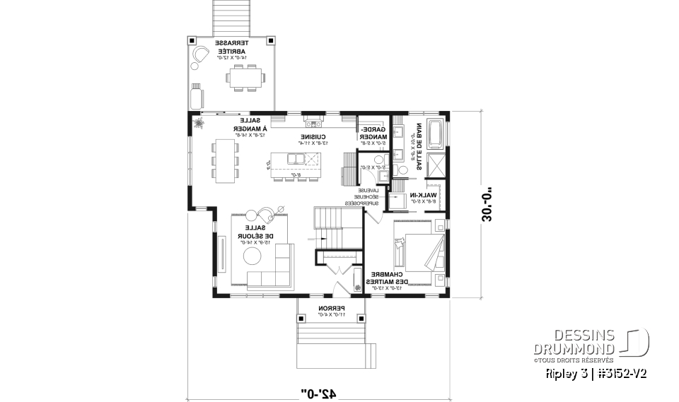 Rez-de-chaussée - Plan de maison plain-pied Farmhouse, chambre parents au rez-de-chaussée, s-sol aménagé optionnel ($) - Ripley 3