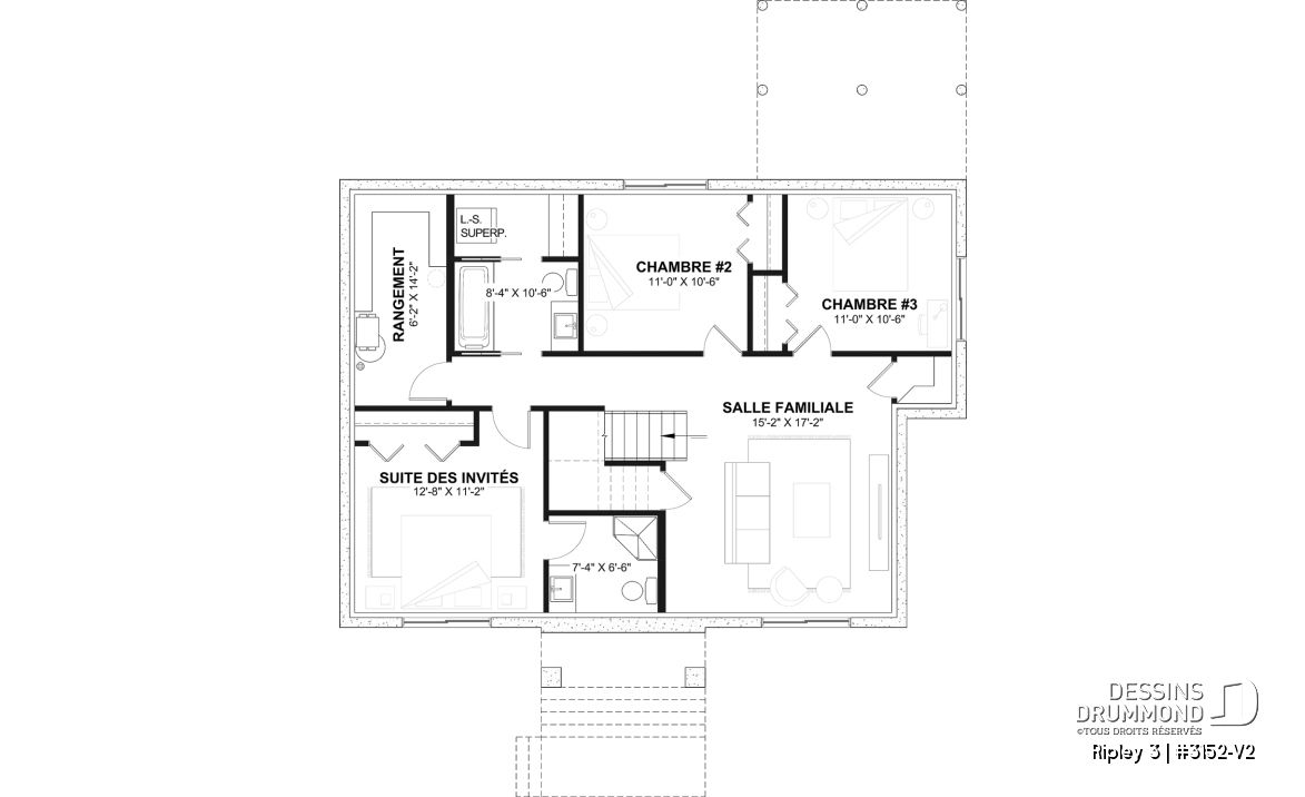 Sous-sol aménagé - Plan de maison plain-pied Farmhouse, chambre parents au rez-de-chaussée, s-sol aménagé optionnel ($) - Ripley 3