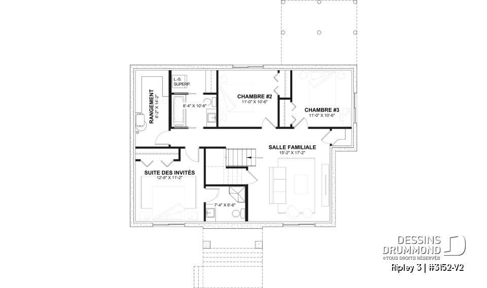 Sous-sol aménagé - Plan de maison plain-pied Farmhouse, chambre parents au rez-de-chaussée, s-sol aménagé optionnel ($) - Ripley 3
