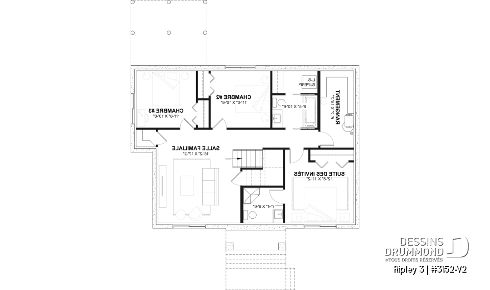 Sous-sol aménagé - Plan de maison plain-pied Farmhouse, chambre parents au rez-de-chaussée, s-sol aménagé optionnel ($) - Ripley 3