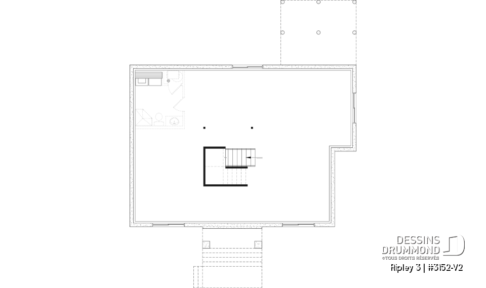 Sous-sol aménageable - Plan de maison plain-pied Farmhouse, chambre parents au rez-de-chaussée, s-sol aménagé optionnel ($) - Ripley 3