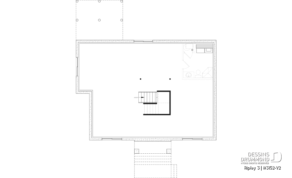 Sous-sol aménageable - Plan de maison plain-pied Farmhouse, chambre parents au rez-de-chaussée, s-sol aménagé optionnel ($) - Ripley 3