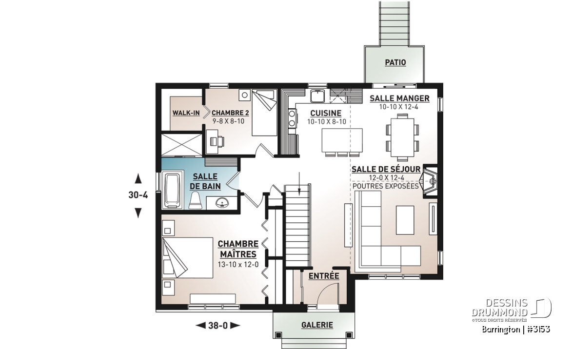 Rez-de-chaussée - Plan maison 2 à 4 chambre, sous-sol fini optionnel ($), plafond cathédral, foyer, vestibule fermé, walk-in - Barrington