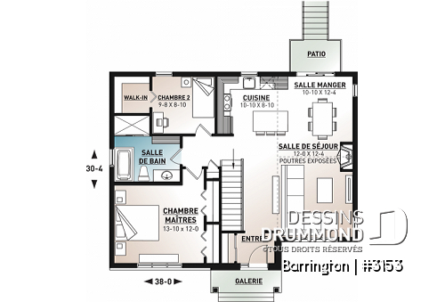 Rez-de-chaussée - Plan maison 2 chambre, plafond cathédral, foyer, vestibule fermé, walk-in, style moderne rustique - Barrington