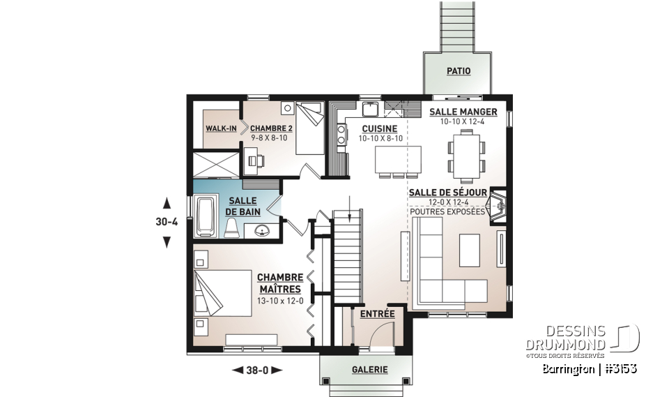 Rez-de-chaussée - Plan maison 2 à 4 chambre, sous-sol fini optionnel ($), plafond cathédral, foyer, vestibule fermé, walk-in - Barrington