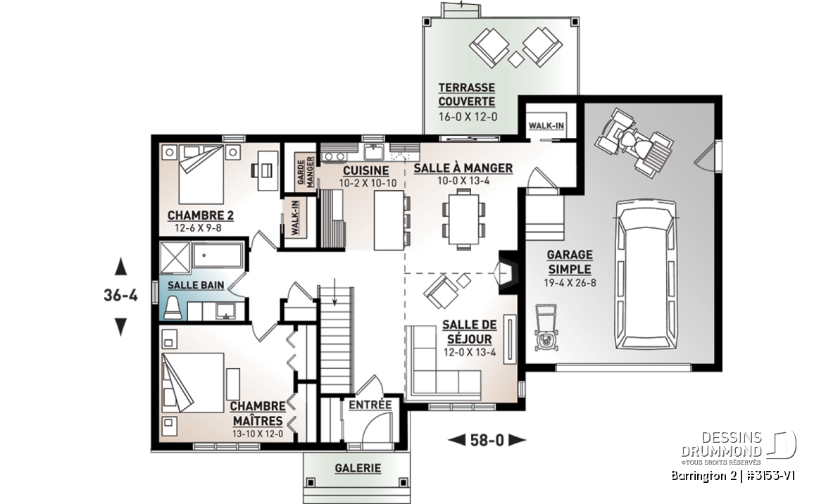 Rez-de-chaussée - Plan de maison plain-pied avec grand garage simple, 2 chambres, aire ouverte, vestibule, foyer et cathédrale - Barrington 2