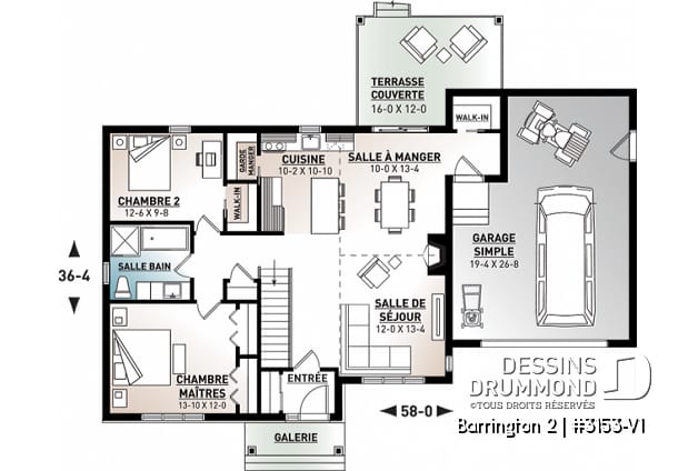 Rez-de-chaussée - Plan de maison plain-pied avec grand garage simple, 2 chambres, aire ouverte, vestiaire, foyer, cathédral - Barrington 2