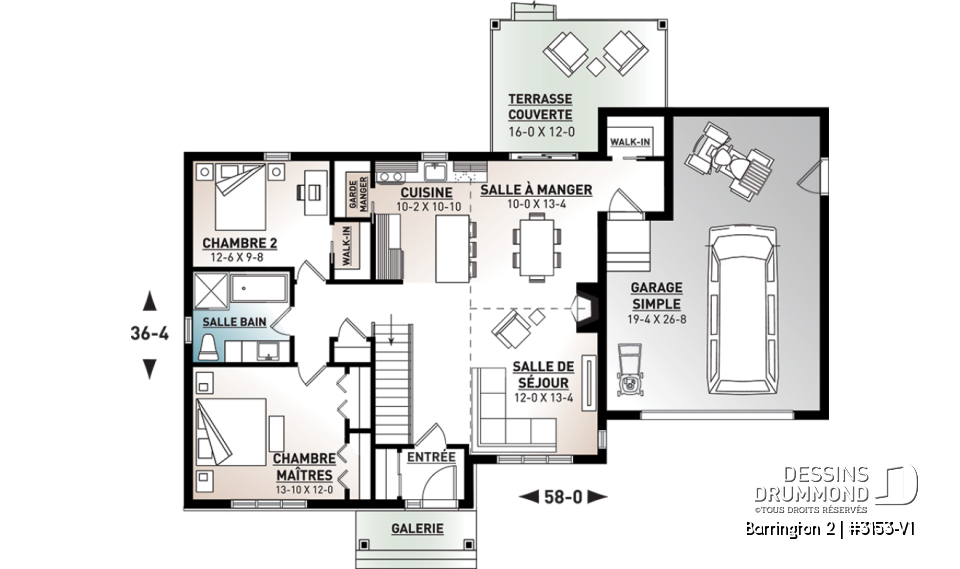 Rez-de-chaussée - Plan de maison plain-pied avec grand garage simple, 2 chambres, aire ouverte, vestibule, foyer et cathédrale - Barrington 2