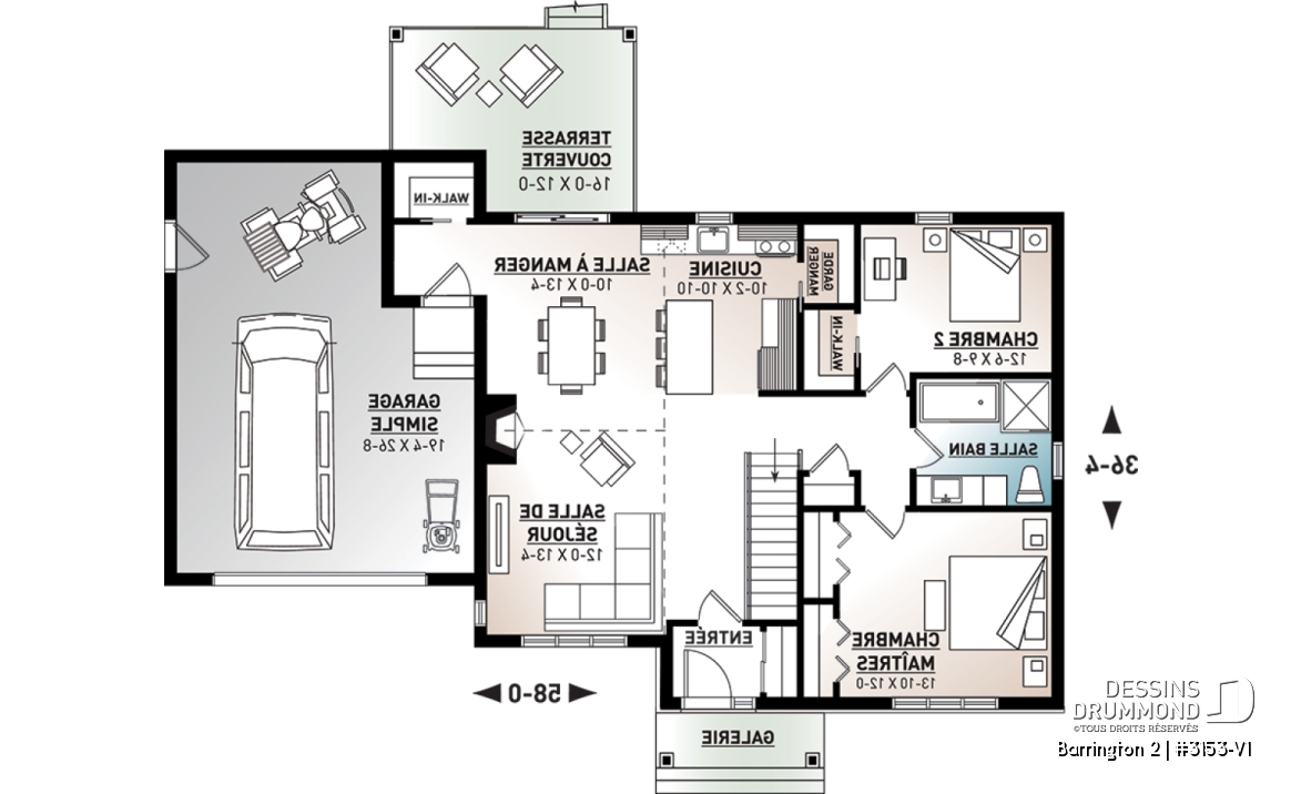 Rez-de-chaussée - Plan de maison plain-pied avec grand garage simple, 2 chambres, aire ouverte, vestibule, foyer et cathédrale - Barrington 2