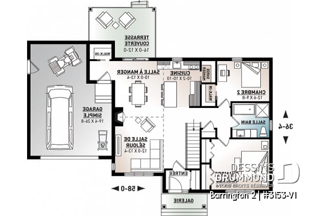 Rez-de-chaussée - Plan de maison plain-pied avec grand garage simple, 2 chambres, aire ouverte, vestiaire, foyer, cathédral - Barrington 2