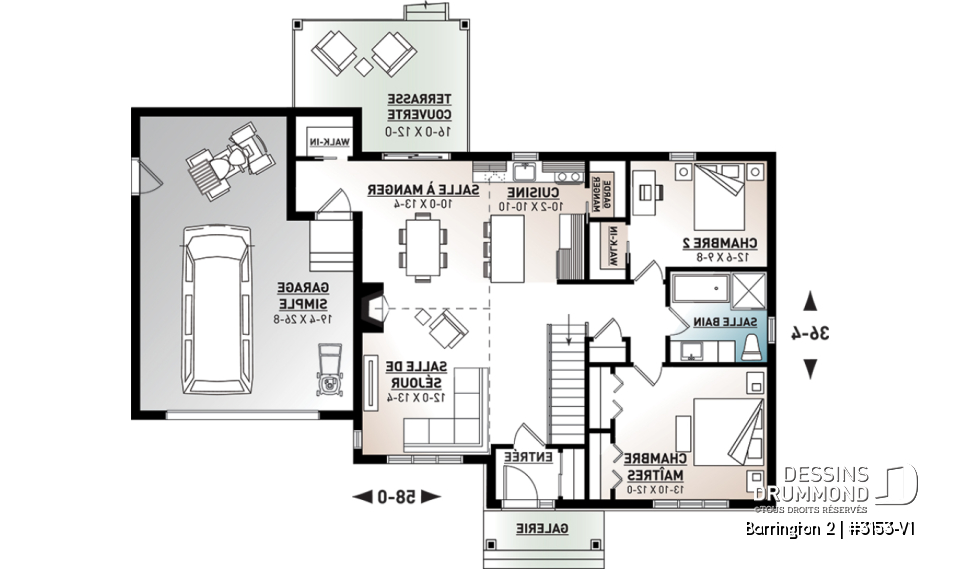 Rez-de-chaussée - Plan de maison plain-pied avec grand garage simple, 2 chambres, aire ouverte, vestibule, foyer et cathédrale - Barrington 2
