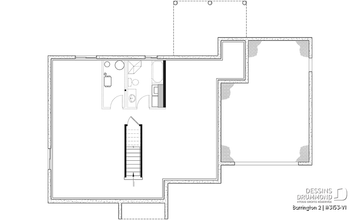 Sous-sol aménageable - Plan de maison plain-pied avec grand garage simple, 2 chambres, aire ouverte, vestibule, foyer et cathédrale - Barrington 2