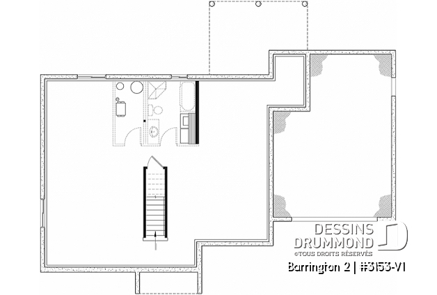 Sous-sol aménageable du plan de maison unifamiliale 3153-V1 Sous-sol aménageable - Plan de maison plain-pied avec grand garage simple, 2 chambres, aire ouverte, vestibule, foyer et cathédrale - Barrington 2