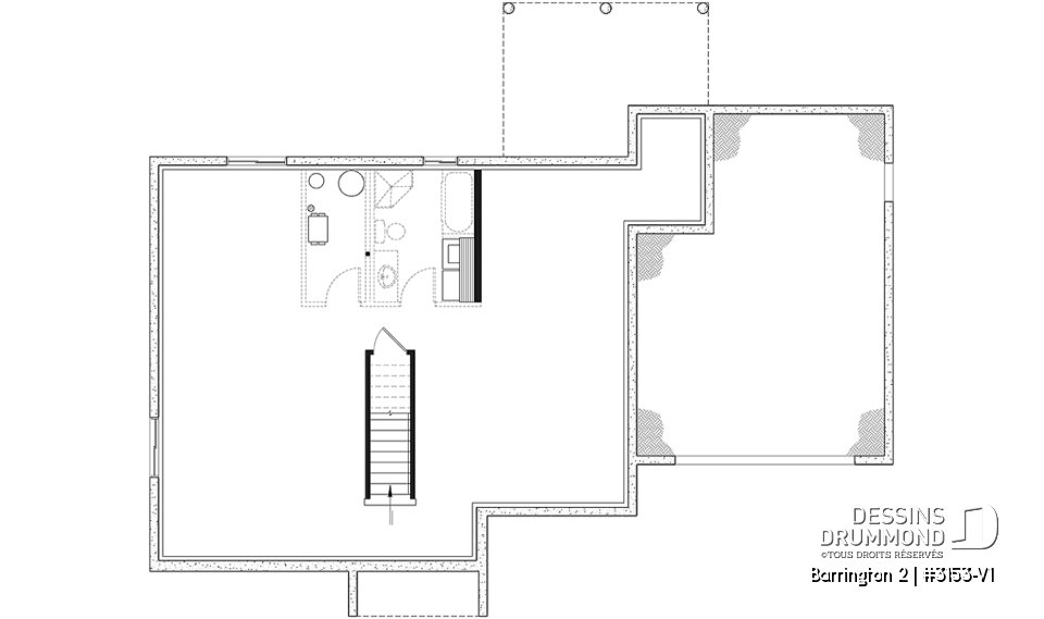 Sous-sol aménageable - Plan de maison plain-pied avec grand garage simple, 2 chambres, aire ouverte, vestibule, foyer et cathédrale - Barrington 2