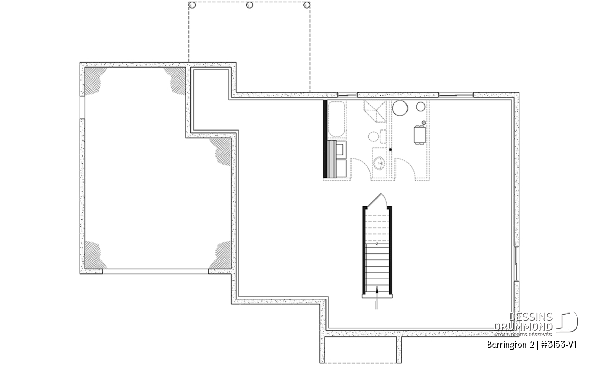 Sous-sol aménageable - Plan de maison plain-pied avec grand garage simple, 2 chambres, aire ouverte, vestibule, foyer et cathédrale - Barrington 2