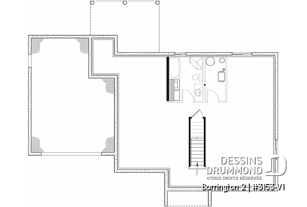 Sous-sol aménageable du plan de maison unifamiliale 3153-V1 Sous-sol aménageable - Plan de maison plain-pied avec grand garage simple, 2 chambres, aire ouverte, vestibule, foyer et cathédrale - Barrington 2