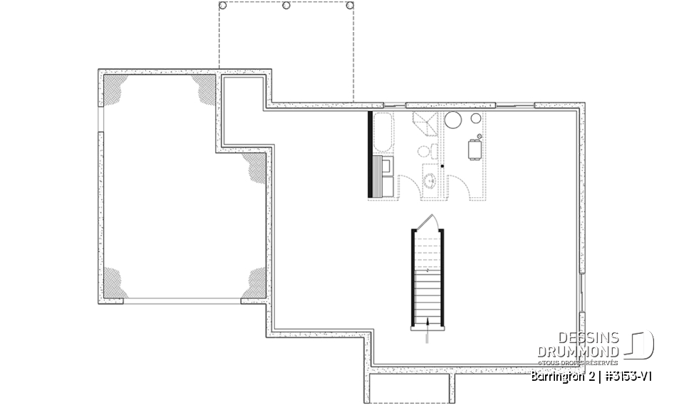 Sous-sol aménageable - Plan de maison plain-pied avec grand garage simple, 2 chambres, aire ouverte, vestibule, foyer et cathédrale - Barrington 2