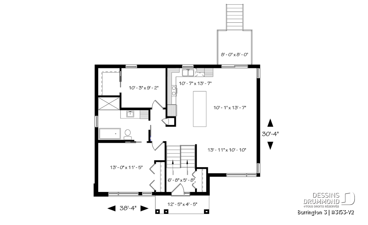 Rez-de-chaussée - Plan maison moderne 2 chambres, superbe fenestration, plafond 10' au salon, grande salle de bain, îlot cuisine - Barrington 3