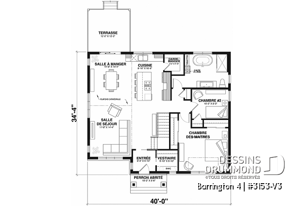 Rez-de-chaussée - Plan de maison Farmhouse, 2 à 4 chambres (selon finition sous-sol), 2 salles de bain, garde-manger, cathédral - Barrington 4