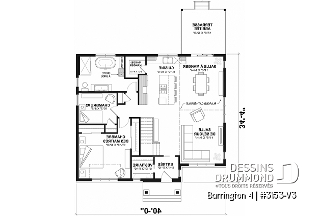 Rez-de-chaussée - Plan de maison Farmhouse, 2 à 4 chambres (selon finition sous-sol), 2 salles de bain, garde-manger, cathédral - Barrington 4