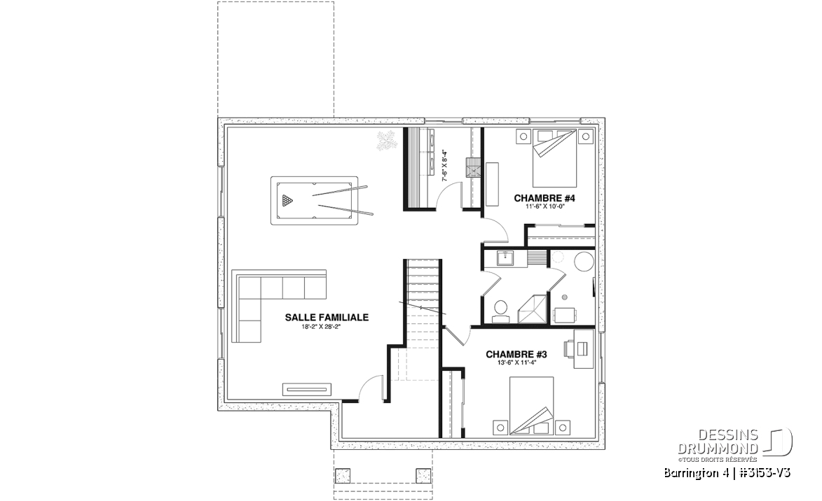 Sous-sol aménagé (Optionel $) - 3153-V3 Plan de maison Farmhouse, 2 à 4 chambres, sous-sol aménagé optionnel ($), 2 sdb, garde-manger - Barrington 4