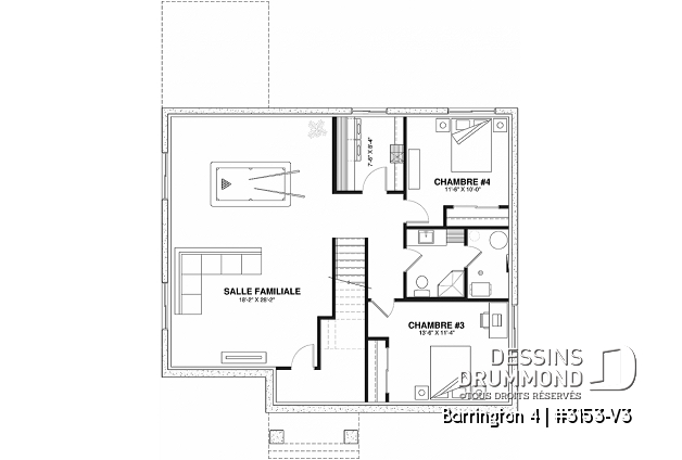 Sous-sol aménagé (Optionel $) - 3153-V3 Plan de maison Farmhouse, 2 à 4 chambres, sous-sol aménagé optionnel ($), 2 sdb, garde-manger - Barrington 4